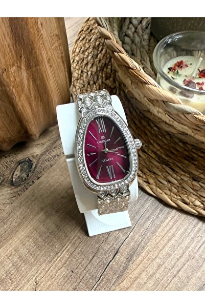 TD TRENDDURAGI Vintage Taşlı Gümüş İçi Bordo Kadın Kol Saati