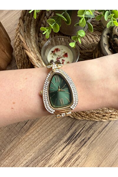 TD TRENDDURAGI Triangle Stone Gold Inside Green Women's Wristwatch
