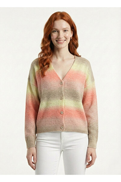 Neden Tekstil Salmon Camel Color Gradient V-Neck Knitwear Cardigan