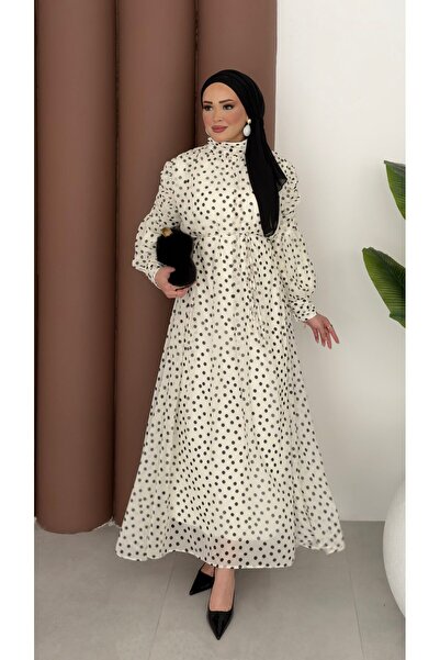 Modanurgul Puanteli Şifon Elbise - Beyaz
