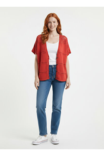 Neden Tekstil Orange V-Neck Lace-Like Knit Short Sleeve Cardigan