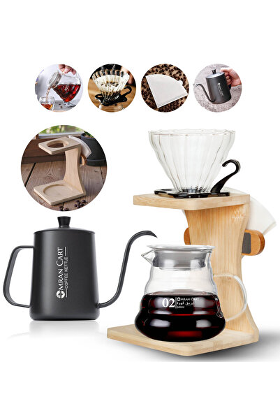 Omran Cart طقم قهوة V60 للتقطير، يتضمن حاملًا خشبيًا، وإبريقًا، وقمعًا، وغلاي...