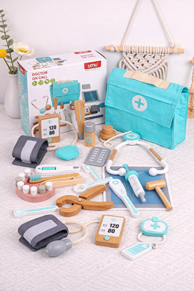 OEM Дървен комплект за лекар Монтесори, 18 части със стетоскоп, термометър и ...