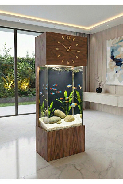 Dekor Akvaryum Büyük Boy, Led Işıklı Saatli Kule Akvaryum Setİ Ahşap Ceviz