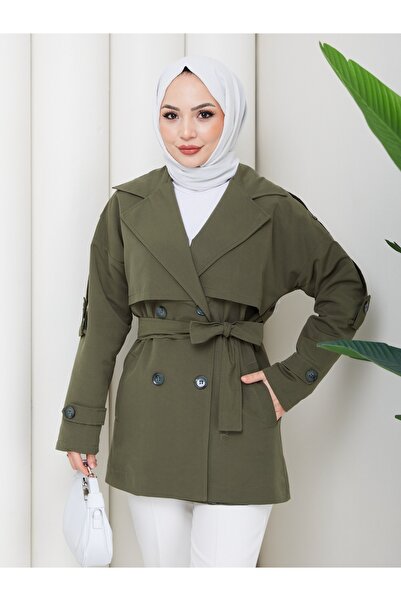 Vibeys Moda Buttoned and Belted Double-Breasted Collar Linen Trench Coat