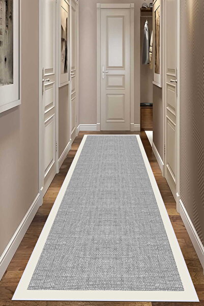 VOPTEKS Gri Beyaz Halı Yolluk Makinede Yıkanabilir Halı Kaymaz Taban Halı