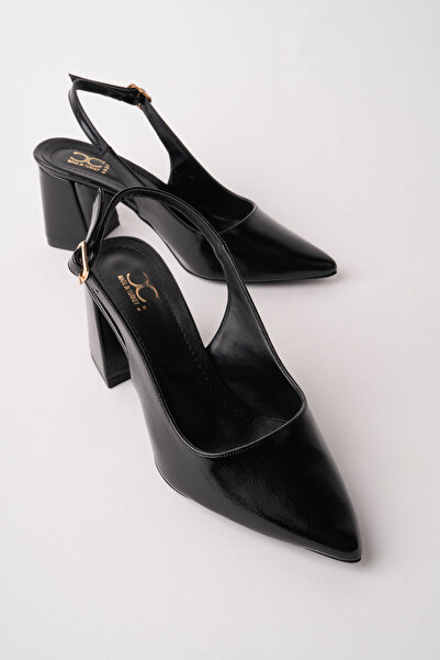KuleliStore Kadın Siyah Rugan Slingback Sivri Burun Kalın Topuklu Klasik Şık ...