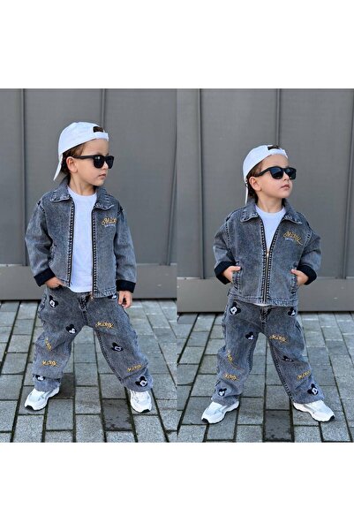 CHİCKİDSWEAR Boy's Embroidered Denim Jacket and Trousers Set
