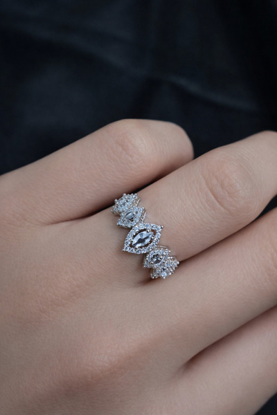 LooRen Butik خاتم فضة عيار مرصّع بالأحجار مرصع بالزركون بتصميم ماركيز - تصميم...