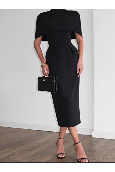 Julidress Cape Detailed Design Midi Length Premium Dress