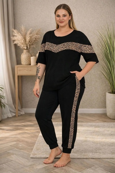 by İGP Leopard Printed Li Crew Neck Short Sleeve Plus Size Pajama Set