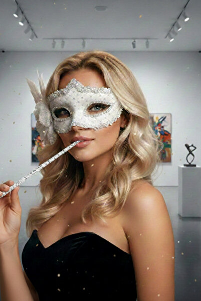 shop Gatsby Işıltılı Maskeli Balo Seti -Beyaz Renk Kadın Maske Ve Gümüş Payet...