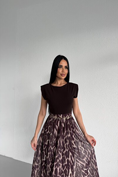 LİLA İSTANBUL Cyclone Collar Ke Belt Etayli Skirt Chiffon Design Dress