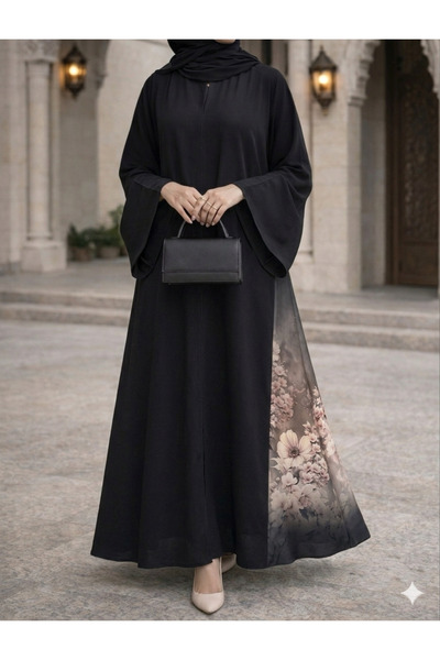 Omnia Black Flora abaya with a side design adorned with an elegant rose patte...