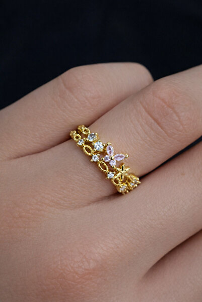 LooRen Butik خاتم ذهبي عيار مرصّع بالأحجار مرصع بالزركون على شكل فراشة - تصمي...