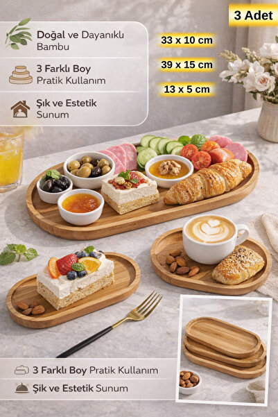 Hane Dostu 3’lü Oval Ahşap Sunum Tabağı Seti Ahşap Servis Tabağı Kahvaltılık ...