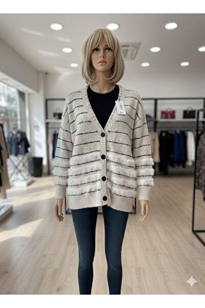 moda rüyası Stone Embroidered Feathered Oversized Y Wool Cardigan