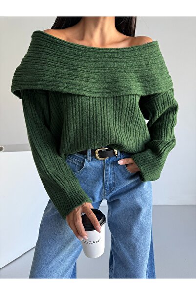 SolQ Degaje Madonna Yaka Şardonlu İp Rahat Kalıp Triko Kazak