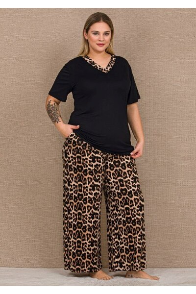 by İGP Leopard Printed Li V-Neck Short Sleeve Plus Size Pajama Set