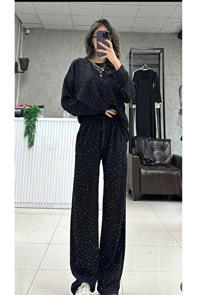 Selin Damla Kadın Siyah Taşlı Bol Paça Modal Kumaş İkili Takım