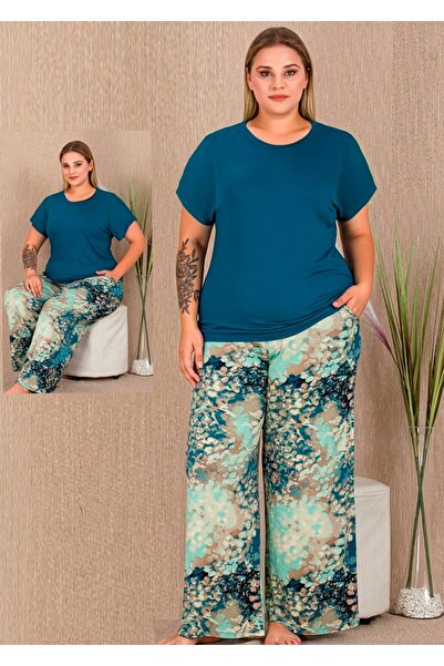 by İGP Patterned Wide-Leg Piece Short Sleeve Crew Neck Viscose Fabric Plus Si...