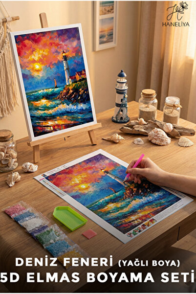 Haneliya Deniz Feneri - 5D Diamond Elmas Boyama Seti Sayılarla Boncuk Dizme M...
