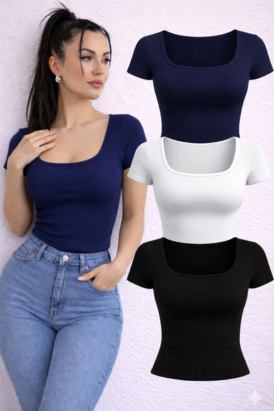 RİEMA Women's 3-Piece Set U-Neck Short Sleeve Corded Fabric Square Neck Cotto...