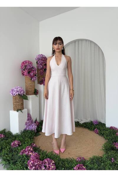 YURELİ Kabartma Dokulu Halter Midi Elbise