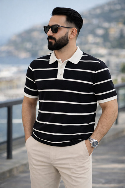 DepoExport Erkek Çizgili Polo Yaka T-Shirt Slim Fit Pamuklu Günlük & Smart Ca...