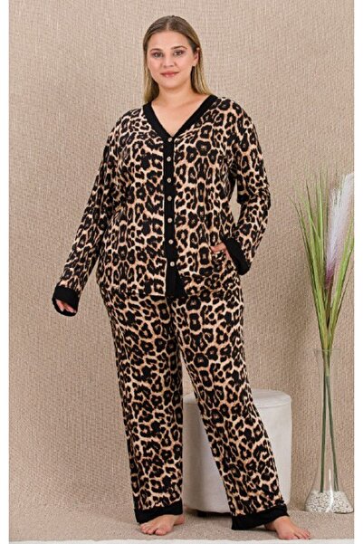 by İGP Leopard Printed Pcs Big Size Button-Front Long Sleeve Pajama Set