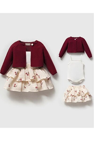 Luna Kids Store طقم كارديجان تشيري 100% قطن عضوي مكون من 3 قطع باللون الأحمر ...