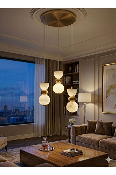 Twosh Lüks Gold 3’lü Doğal Taş Küre Sarkıt Avize – Modern Salon & Yemek Odası...