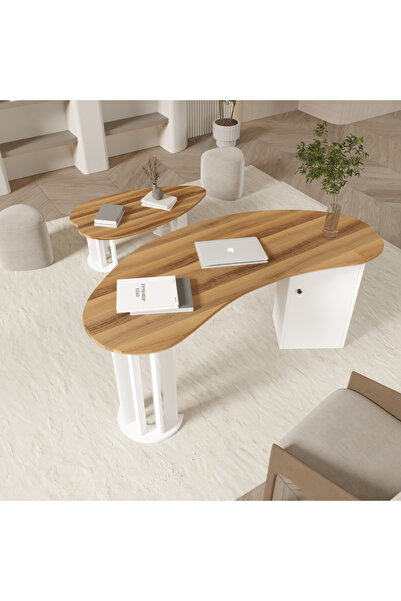 klubeconcept MİZAN Oval Beyaz Çalışma Masası & Sehpa Modern Minimal Ofis Seti...