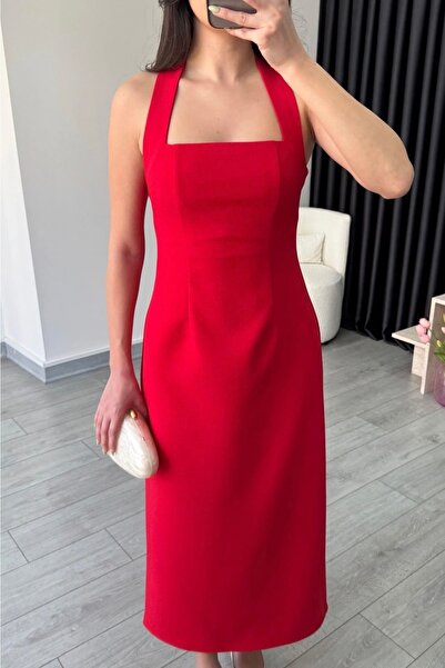 Selin Damla Kadın Midi Boy Kalem Elbise Boyundan Bağlamalı Yırtmaçlı