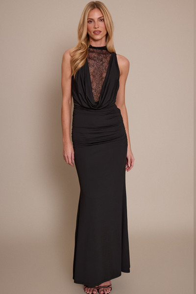 MOZENA Degaje Yaka Lace Guipure Low-Cut Long Dress