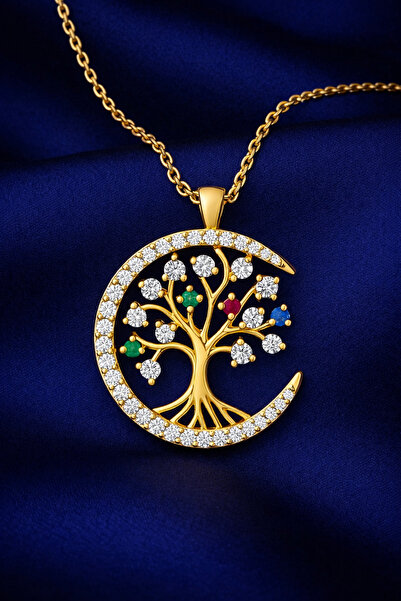 KAR DİAMOND 925 Ayar Gümüş Altın Kaplama Zirkon Taşlı Hilal Hayat Ağacı Kolye...