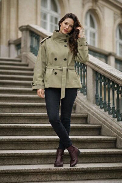 ASELMAVİ YEŞİL HUNİ YAKALI TRENÇKOT CEKET