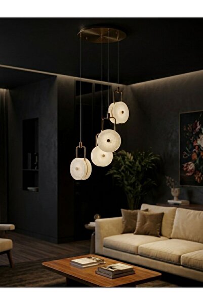 Twosh Lüks Mat Gold LED 4’lü Sarkıt Avize – Doğal Taş Mermer Diskli Modern Sa...
