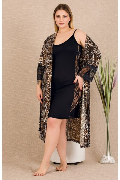 by İGP Patterned Viscose Fabric 2-Piece Luxury Plus Size Nightgown and Robe Set