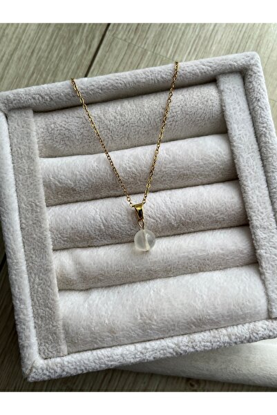 Pel Design 8 mm Selenite Stone Gold Color Steel Necklace Handmade