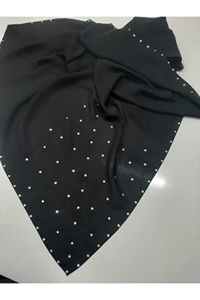 AGH Değerli Hediyeler Luxury Stone-Embellished Square Black Scarf 105X105