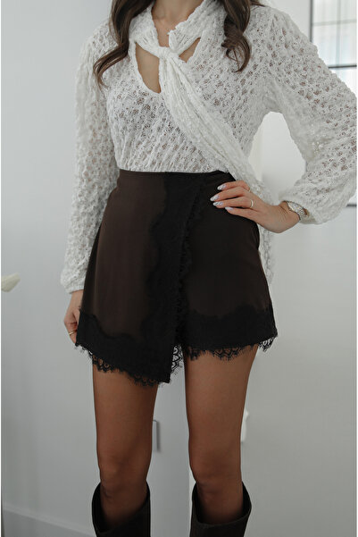 Havoş Кафява къса пола с дантелени детайли