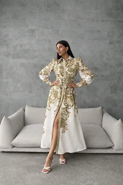 WellWay Atlas Fabric Full Buttoned Dress (Including Belt)-Yellow-4220 Nhn120