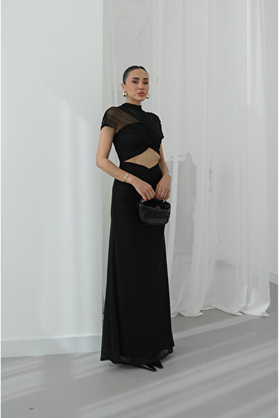 Havoş Black Low-Cut Detailed Dress Lined Tulle