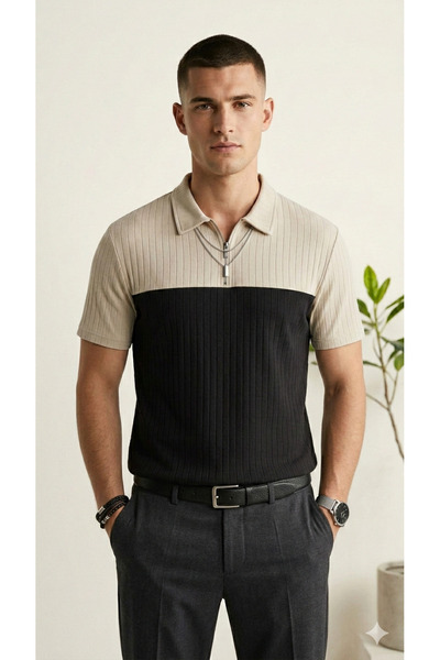 NİCE Tricou tricotat pentru bărbați cu guler polo și fermoar material reiat -...