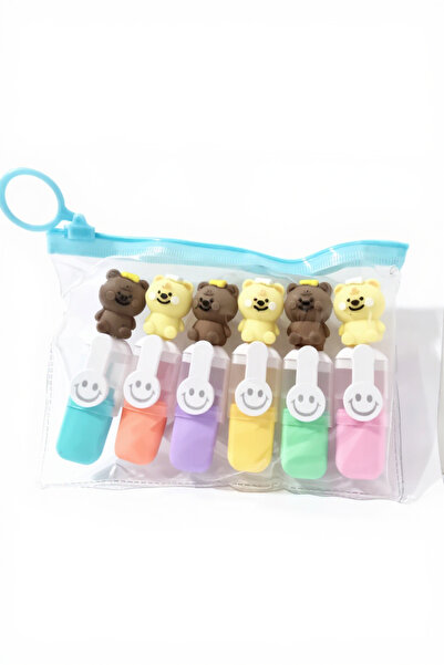 Gökyüzü ışığı Sevimli Mini Fosforlu Keçeli Kalem-6lı Set-Mini Ayıcık Başlıklı...