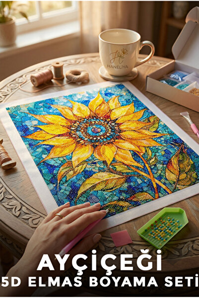 Haneliya Ayçiçeği - 5D Diamond Elmas Boyama Seti Sayılarla Boncuk Dizme Mozai...