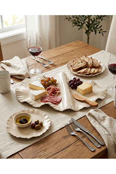 Arden Ceramic El Yapımı Tasarım Dalgalı Formlu 3’lü Sunum ve Servis Seti - Kr...