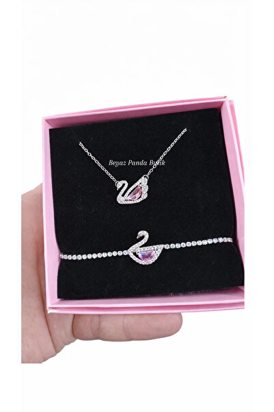 Beyaz Panda Butik Çelik Set Kuğu Kolye Kuğu Bileklik