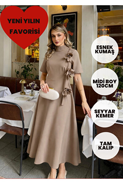 essolaria Luna Özel Tasarım Zarif Çiçek Aplikeli A Kesim Midi Modern Elbise/A...